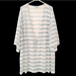 Shore Life 2X Cover-up Open Knit Tie Front Tassels Blue White Striped